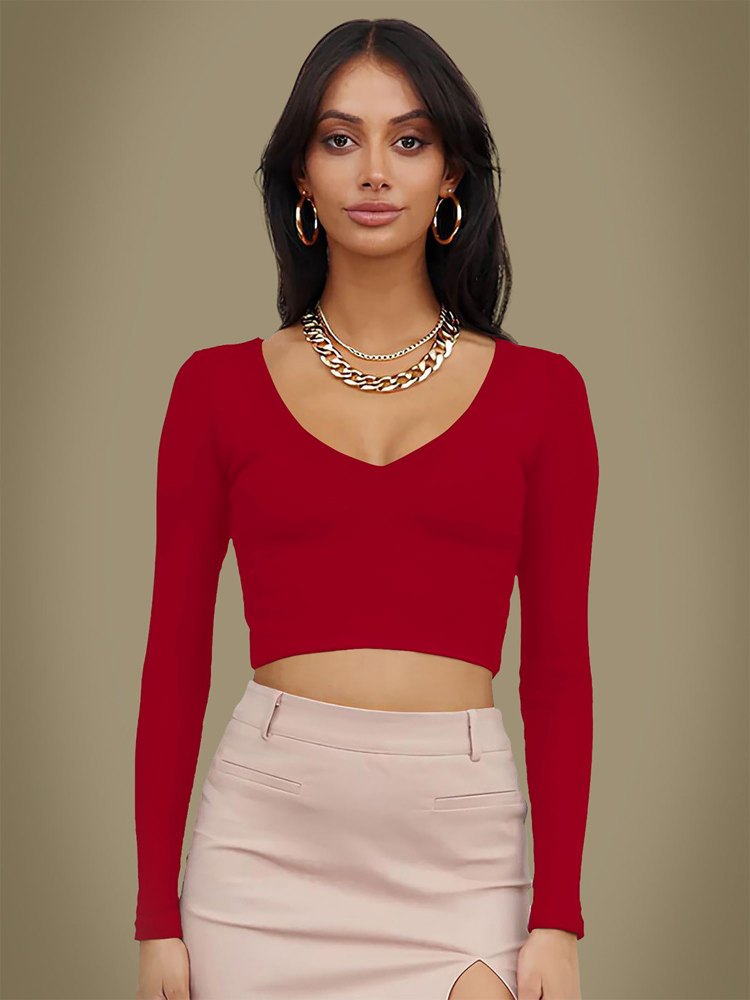 

Dream Beauty Fashion Women V-Neck Long Sleeves Fitted Crop Top, Red