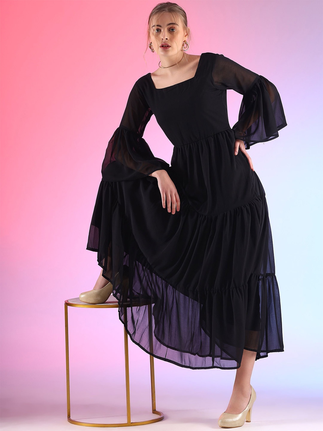 

De La Moda Flared Sleeve Fit & Flare Maxi Dress, Black