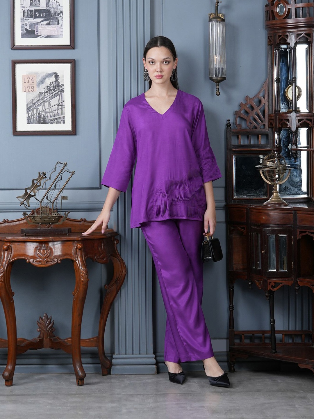 

JISORA Pure Silk Tunic With Trousers Co-Ords, Purple