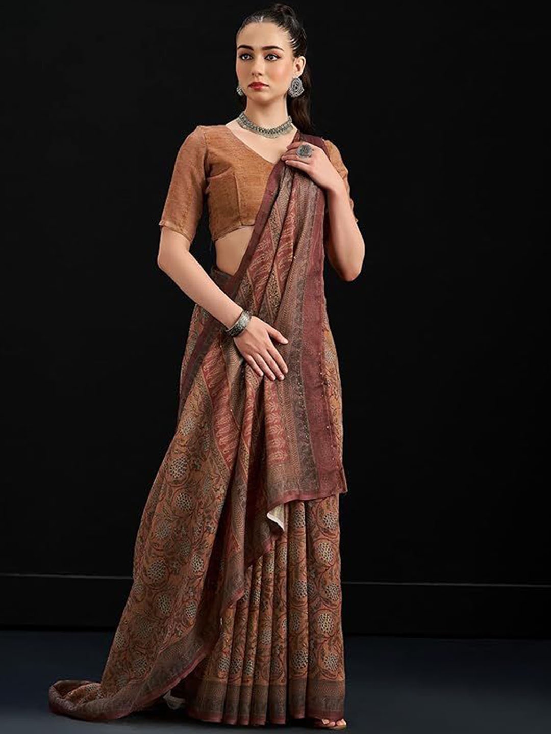

BW X BUTTERFLY Printed Pure Cotton Saree, Brown