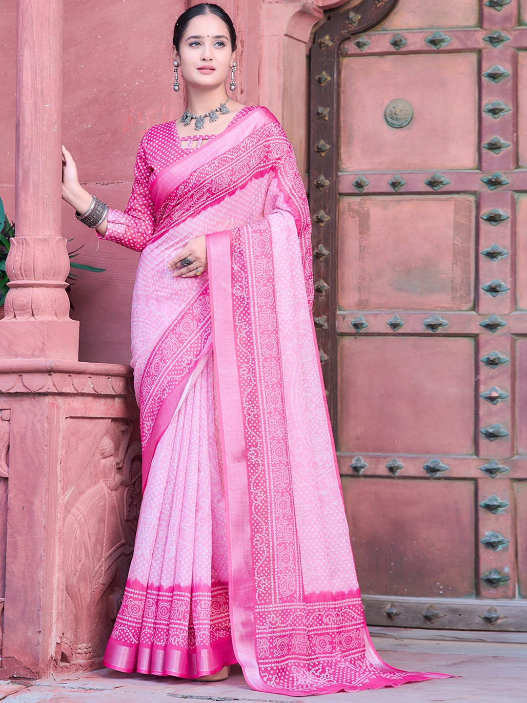 

Mitera Bandhani Printed Zari Pure Cotton Bandhani Saree, Pink