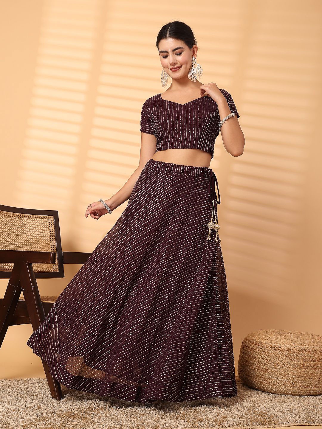 

Clora Creation Embellished Sequinned Sweetheart Neck Blouse & Ready to Wear Lehenga, Burgundy