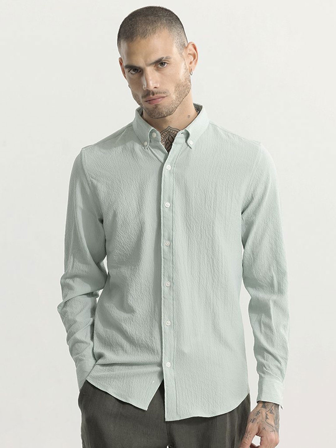 

Snitch Men Slim Fit Button-Down Collar Textured Casual Shirt, Green