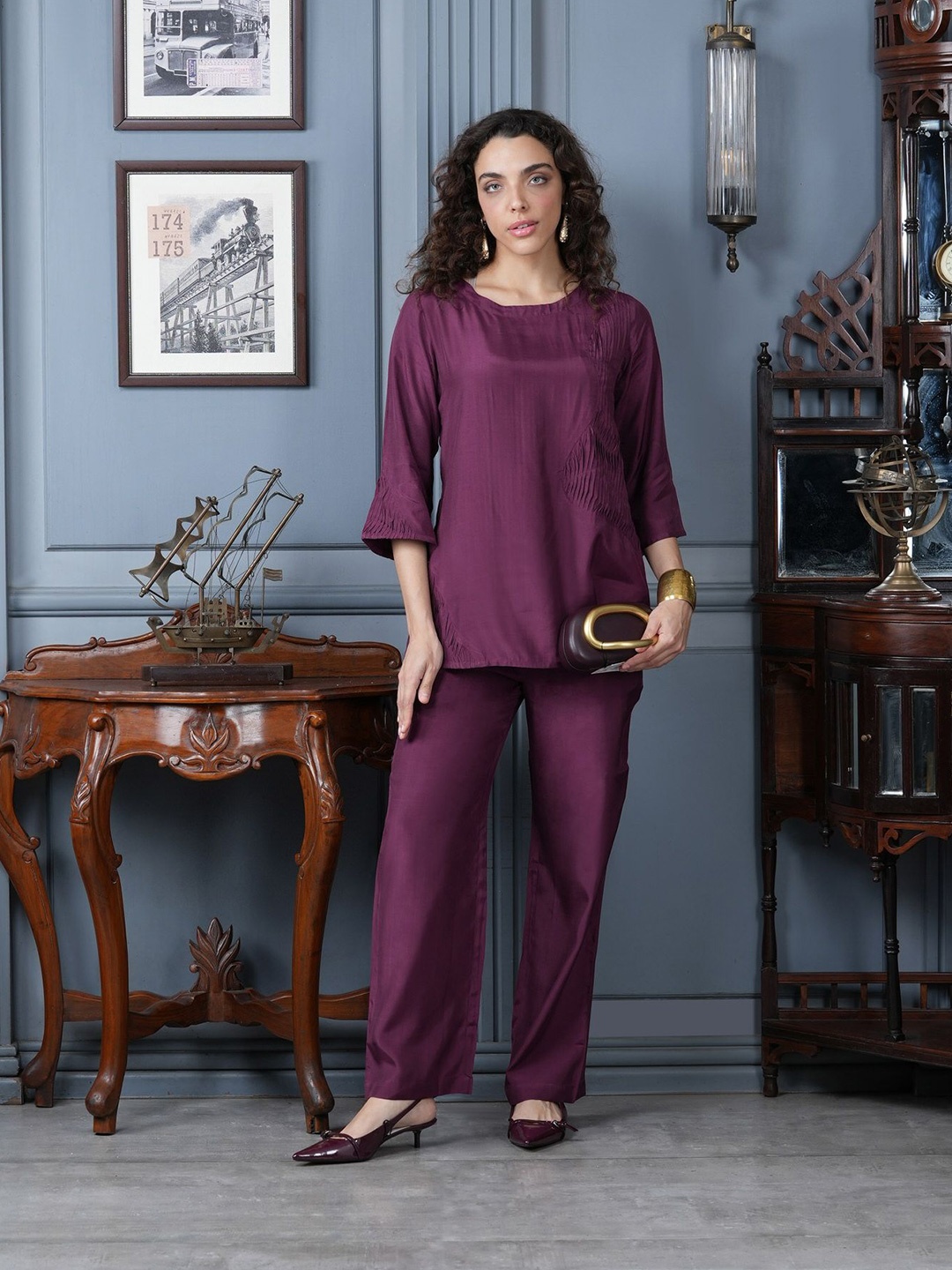 

JISORA Pure Silk Tunic With Trousers Co-Ords, Purple