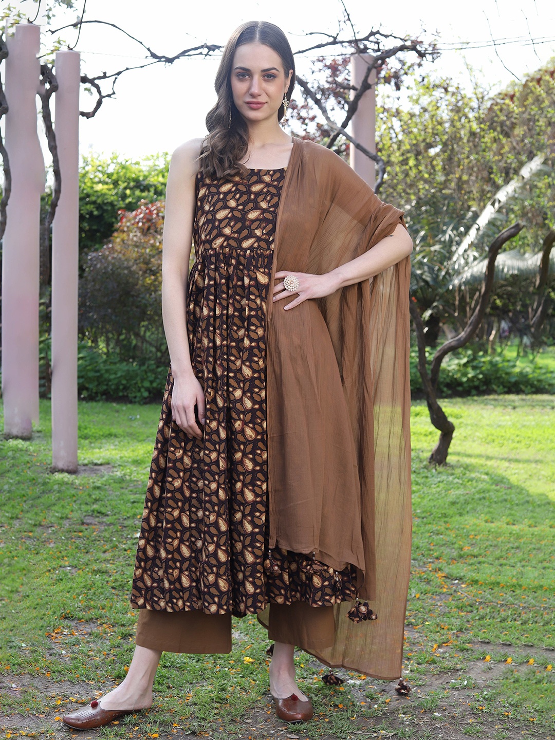 

Fourleaf Floral Printed Shoulder Straps Pure Cotton A-Line Kurta with Palazzos & Dupatta, Brown