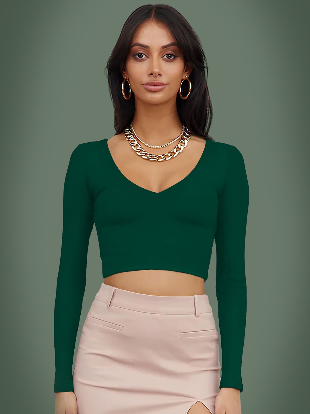 

Dream Beauty Fashion Women V-Neck Crop Fitted Top, Green