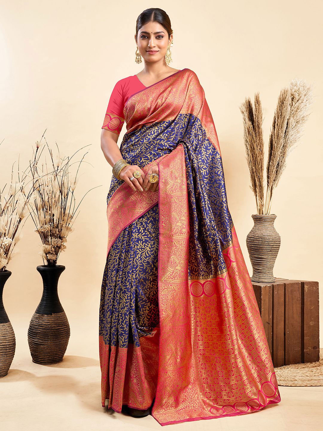 

KALINI Woven Design Zari Paithani Saree With Unstitched Blouse Piece, Blue