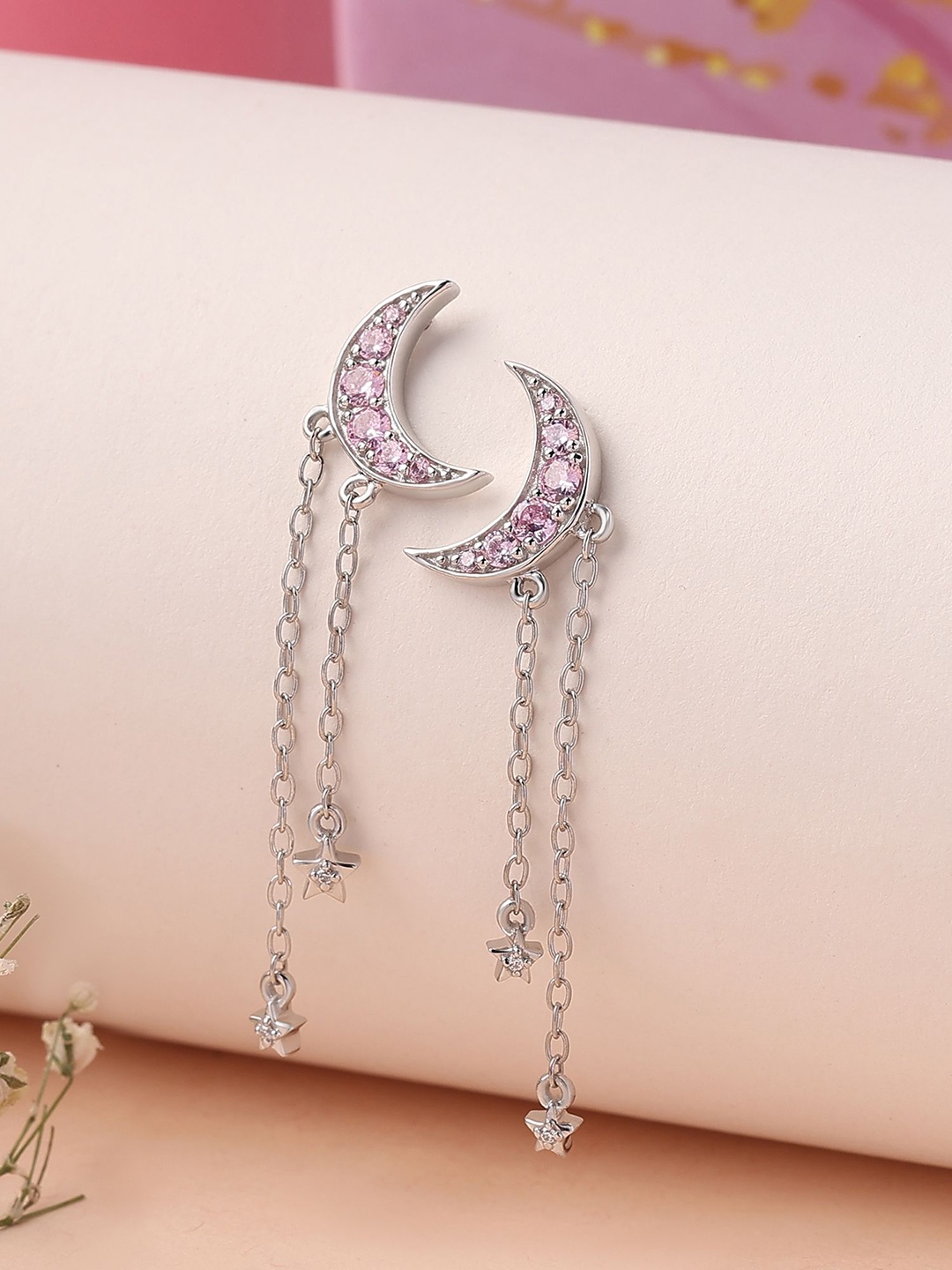 

Ornate Jewels 925 Silver Pink American Diamond Moon And Star Dangle Earring