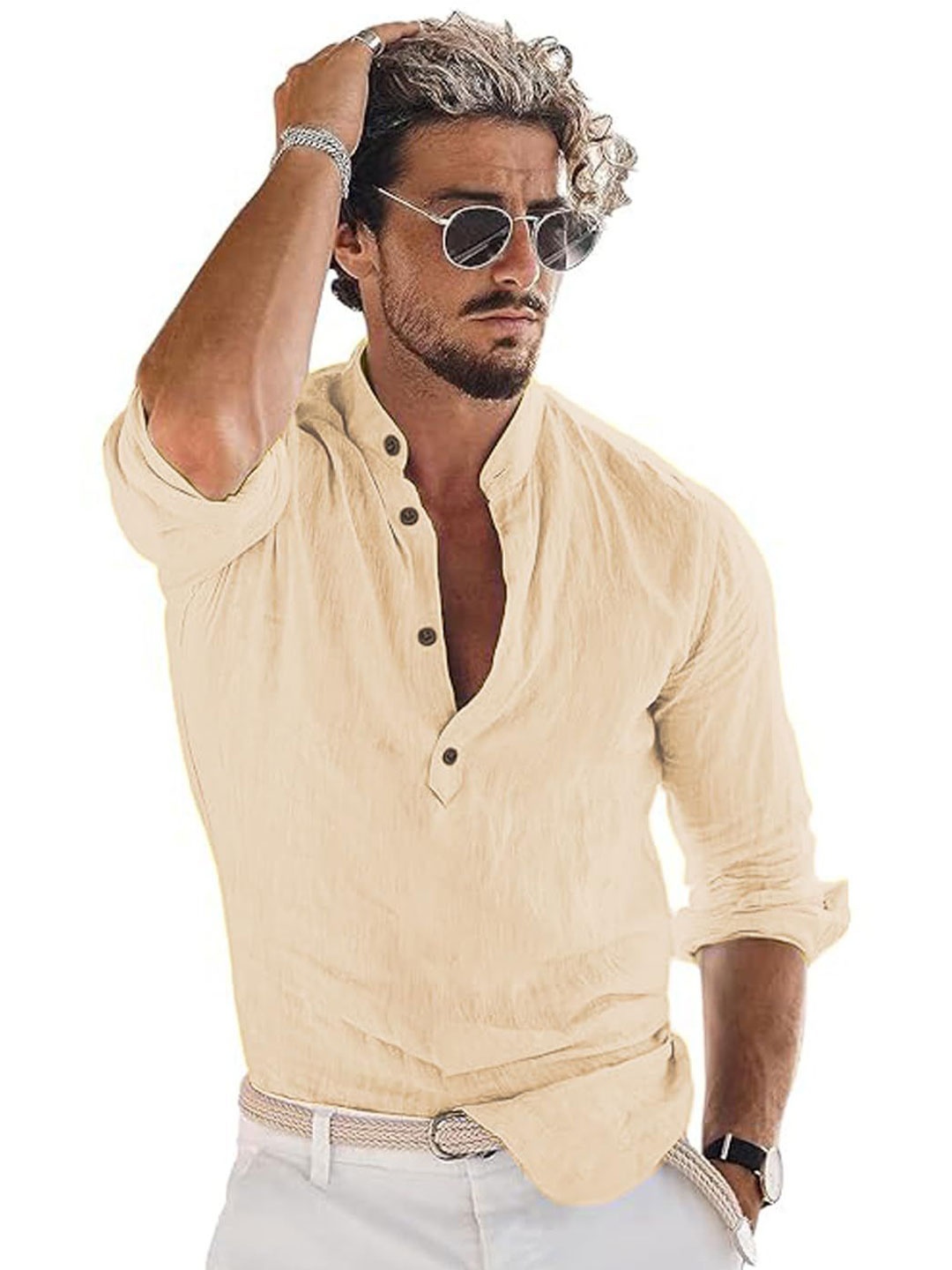 

EdinWolf Men India Slim Fit Band Collar Solid Cotton Casual Shirt, Beige