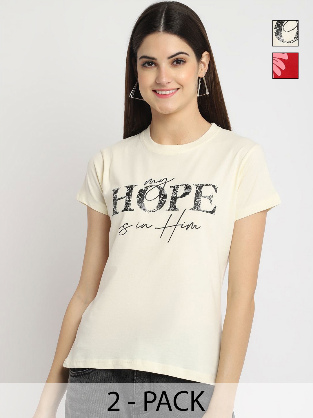 

Tromko Women Pack of 2 Typography Printed Round Neck Cotton Regular Fit T-shirts, Off white