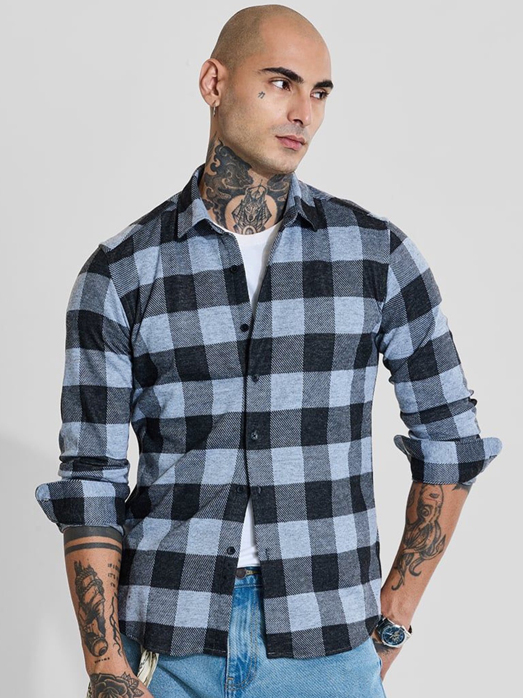 

Snitch Men Smart Slim Fit Spread Collar Tartan Checked Casual Shirt, Blue