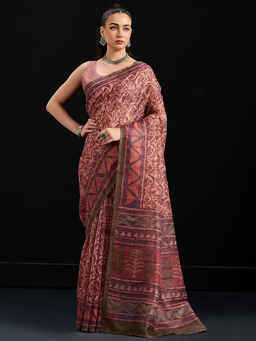 

BW X BUTTERFLY Ethnic Motifs Printed Pure Cotton Saree With Blouse Piece, Brown