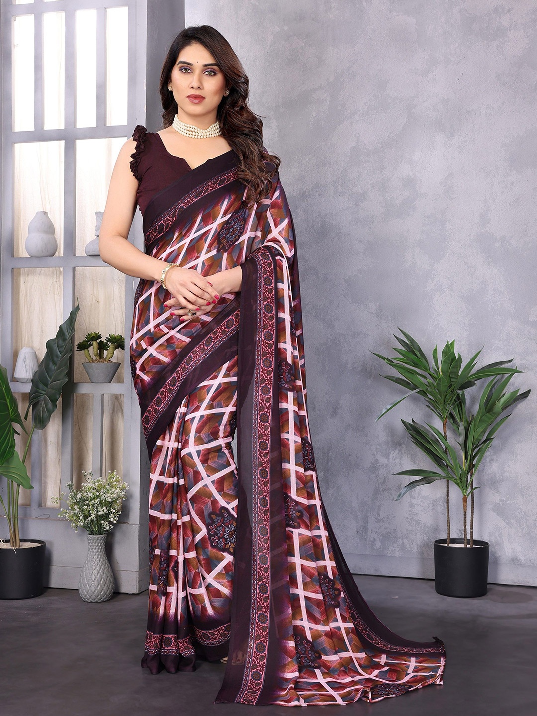 

Nirmohi Fashion Printed Checked Saree, Purple