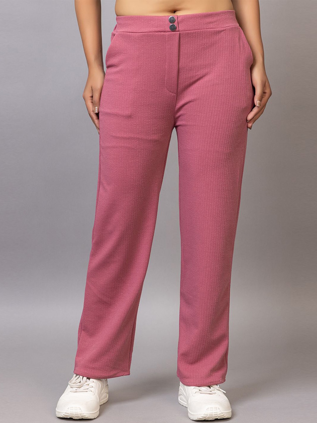

PROBASIC Women Striped High-Rise Flared Bootcut Trousers, Pink