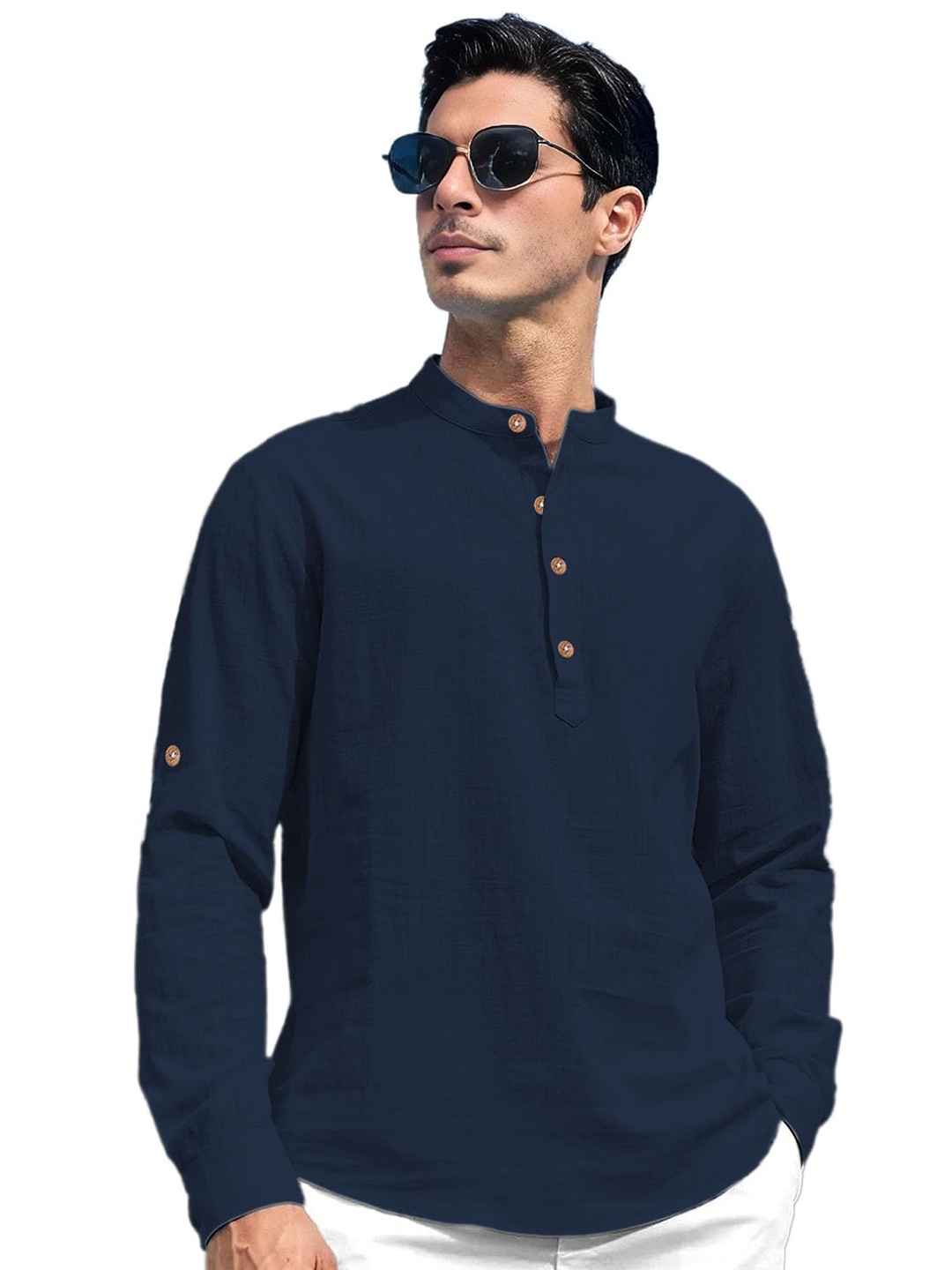 

EdinWolf Men India Slim Fit Mandarin Collar Solid Cotton Casual Shirt, Navy blue