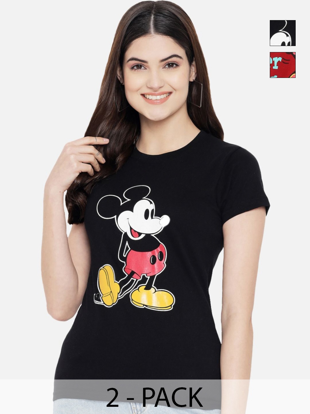 

Tromko Women Pack of 2 Mickey Mouse Graphic Printed Round Neck Cotton Regular Fit T-shirts, Black