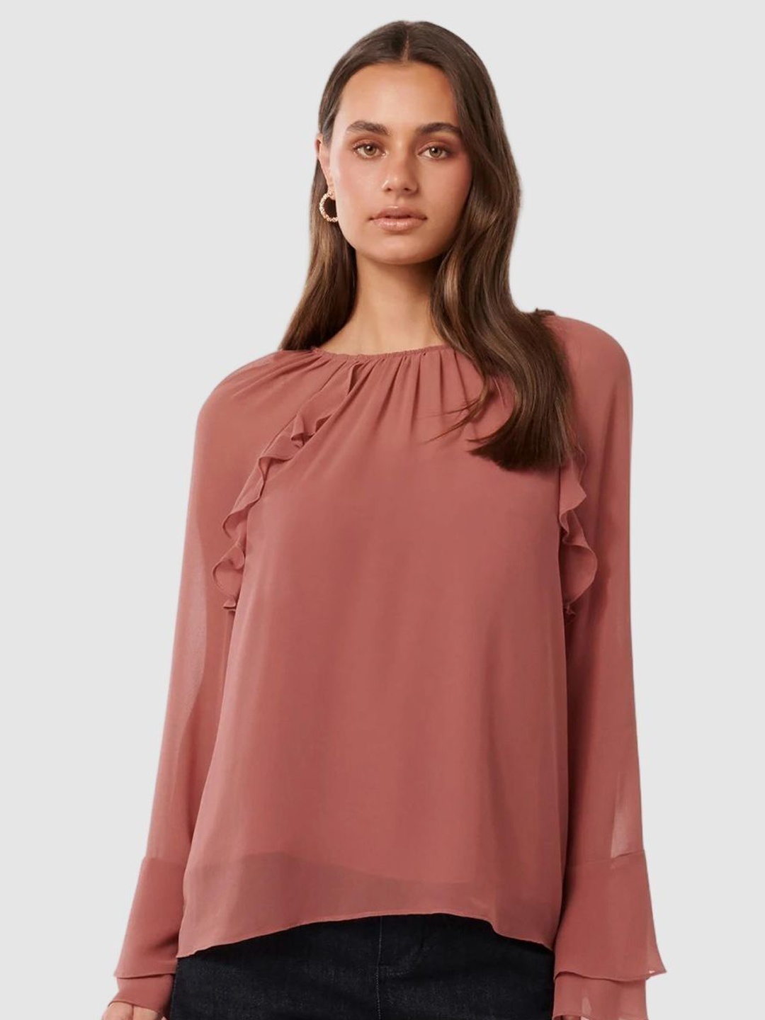 

Forever New Women Boat Neck Flared Sleeve A-Line Top, Peach