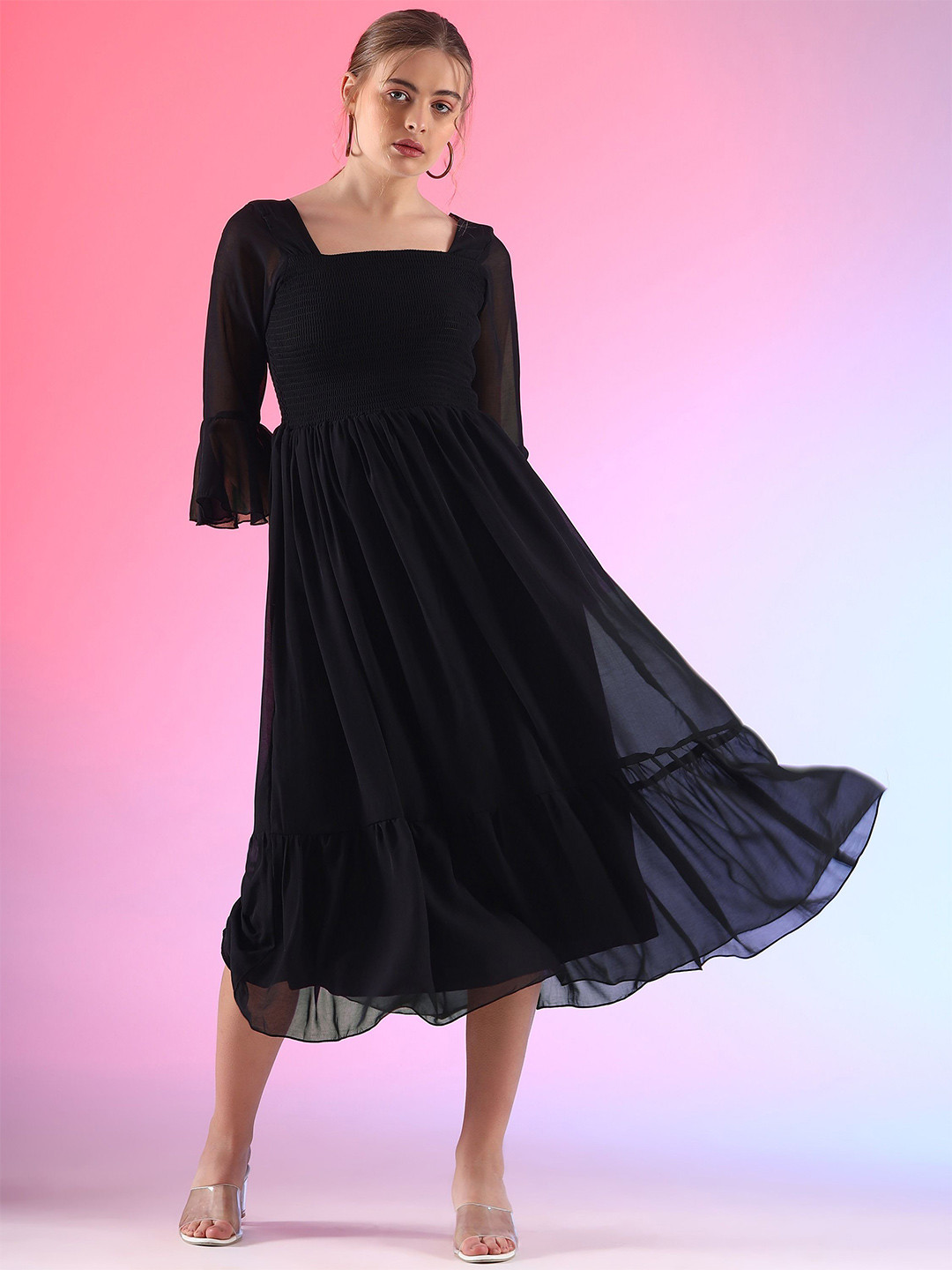 

De La Moda Square Neck Bell Sleeves Fit & Flare Midi Dress, Black