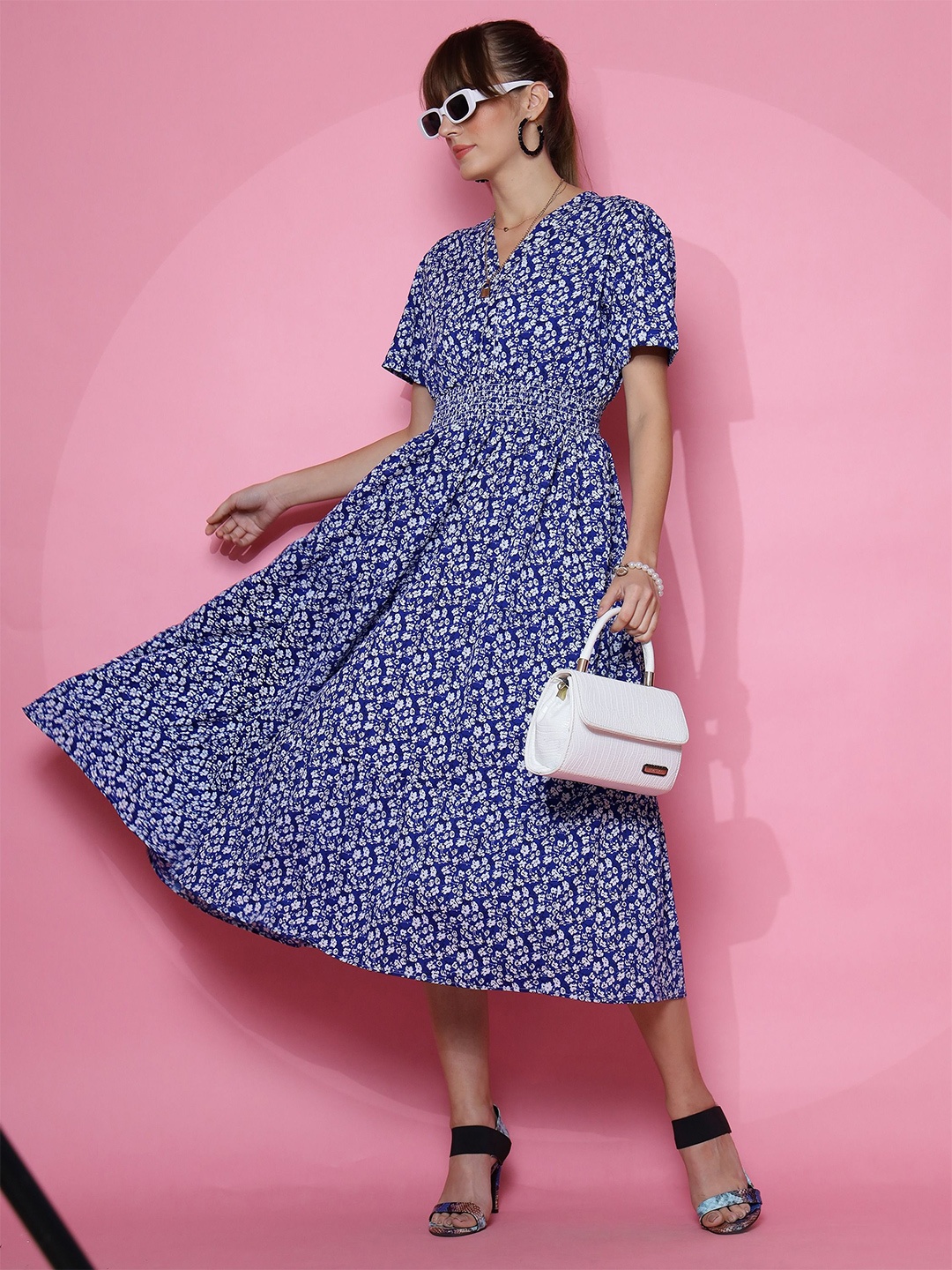 

De La Moda Women Floral Printed Crepe Fit & Flare Midi Dress, Blue
