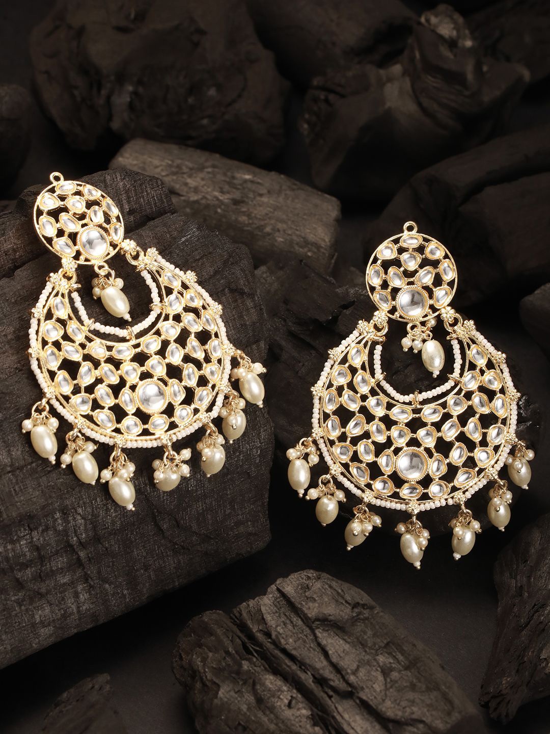 

House of Pataudi Gold-Platred Kundan Studded And Beaded Crescent Shaped Chandbalis