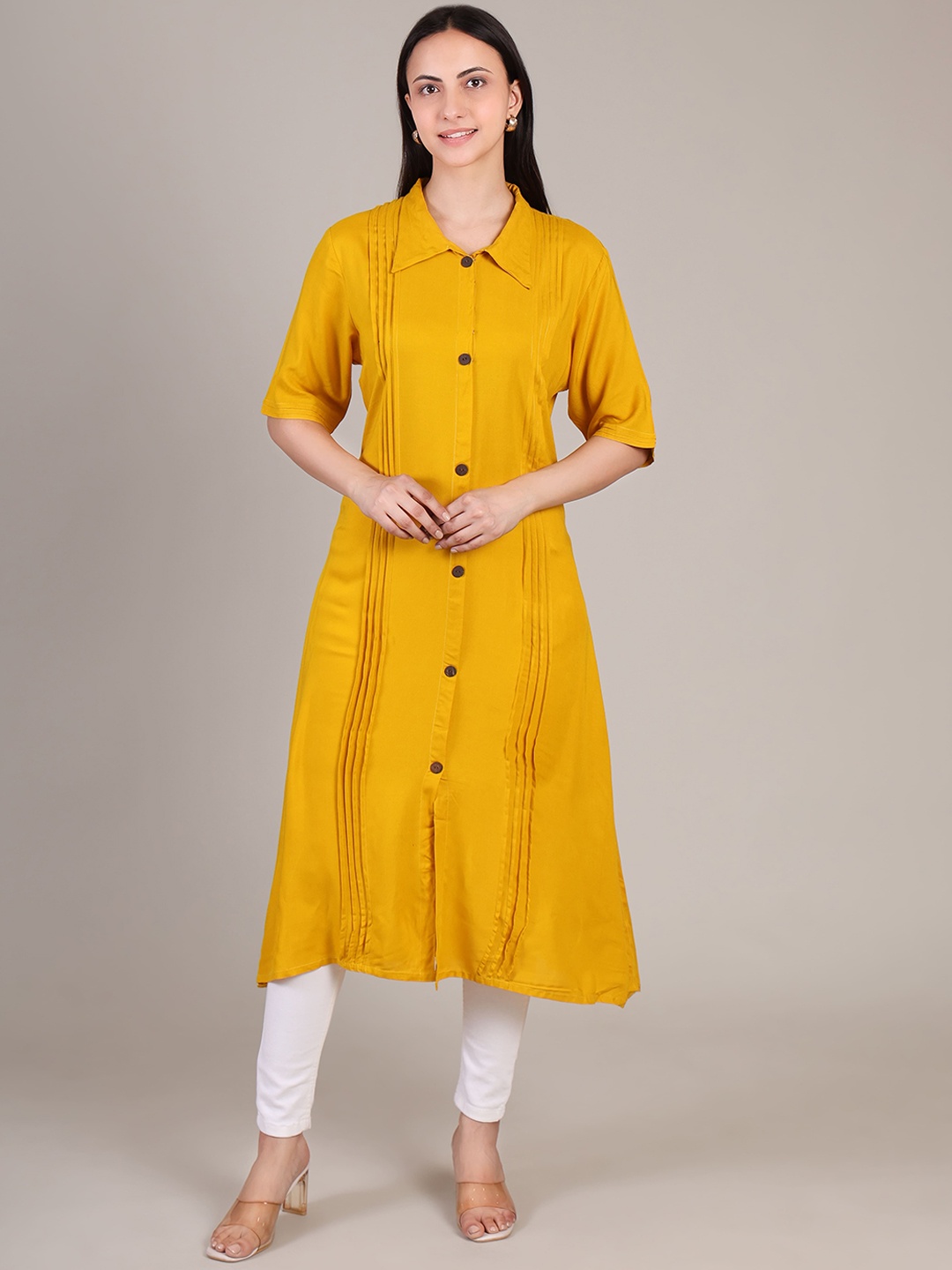 

DELIS Self Design Shirt Collar A-Line Kurta, Yellow