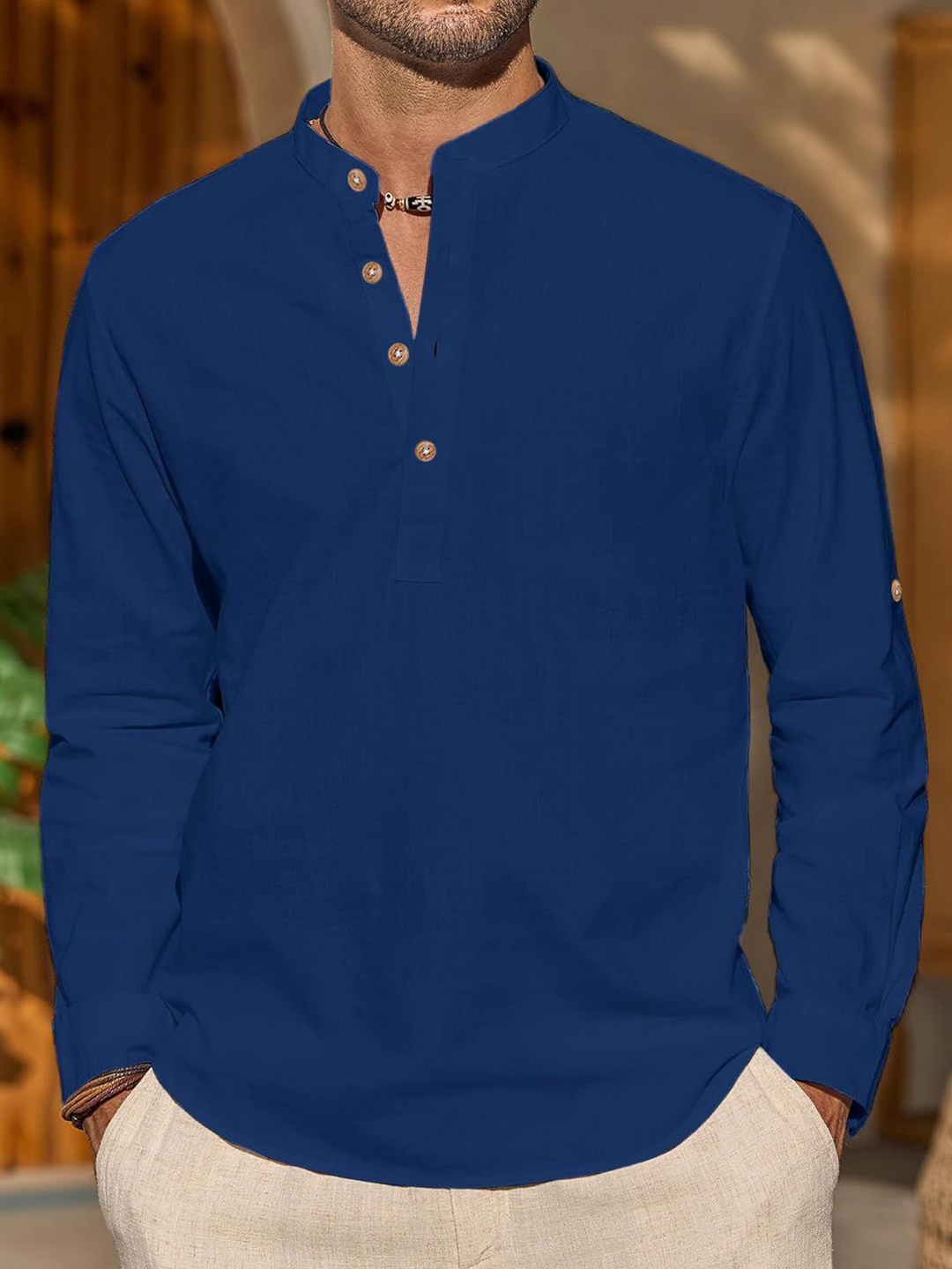 

EdinWolf Men India Slim Fit Mandarin Collar Solid Cotton Casual Shirt, Blue