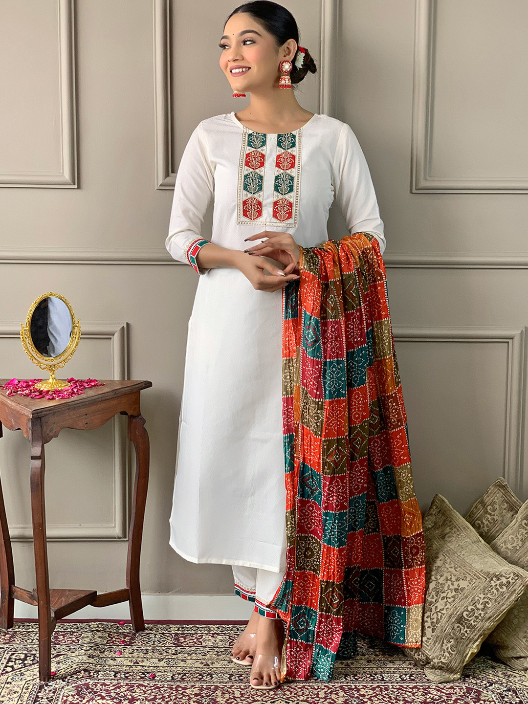 

Shatanuvart Export Floral Yoke Design Zari Straight Kurta With Trouser And Dupatta, White