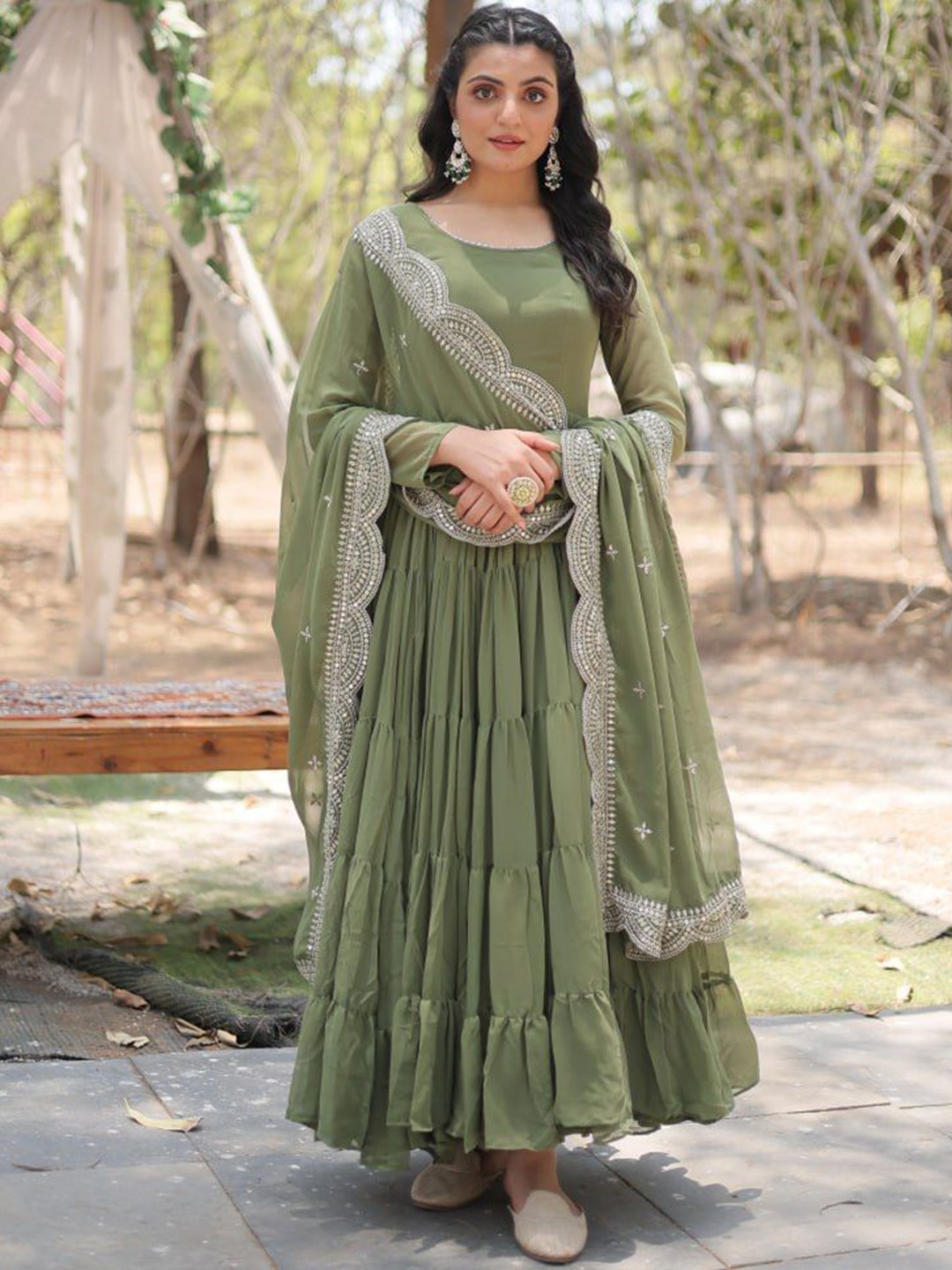

ZIBLON Women Sequins Embellished Fit and Flare Round Neck Maxi Ethnic Dress With Dupatta, Green