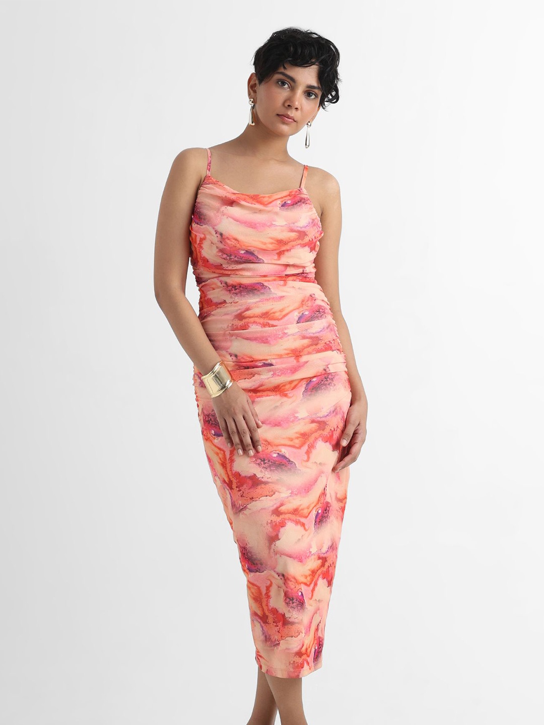 

YUVAKAA Women Tie and Dye Shoulder Straps Bodycon Midi Dress, Orange