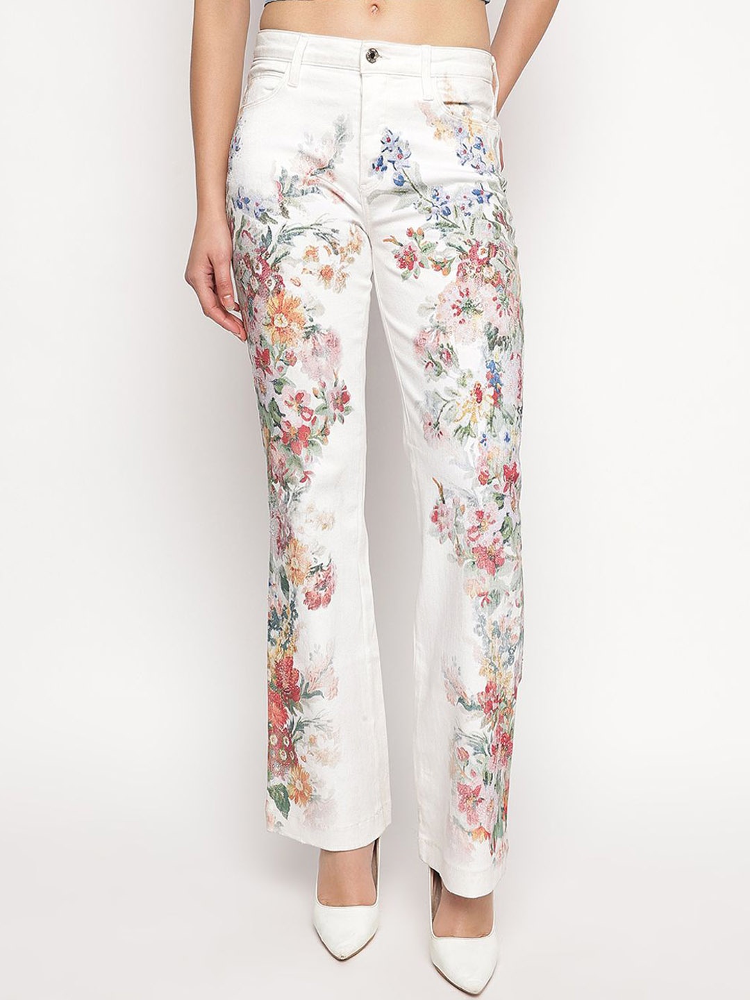 

GUESS Women Floral Printed Cotton Low-Rise Flared Jeans, White