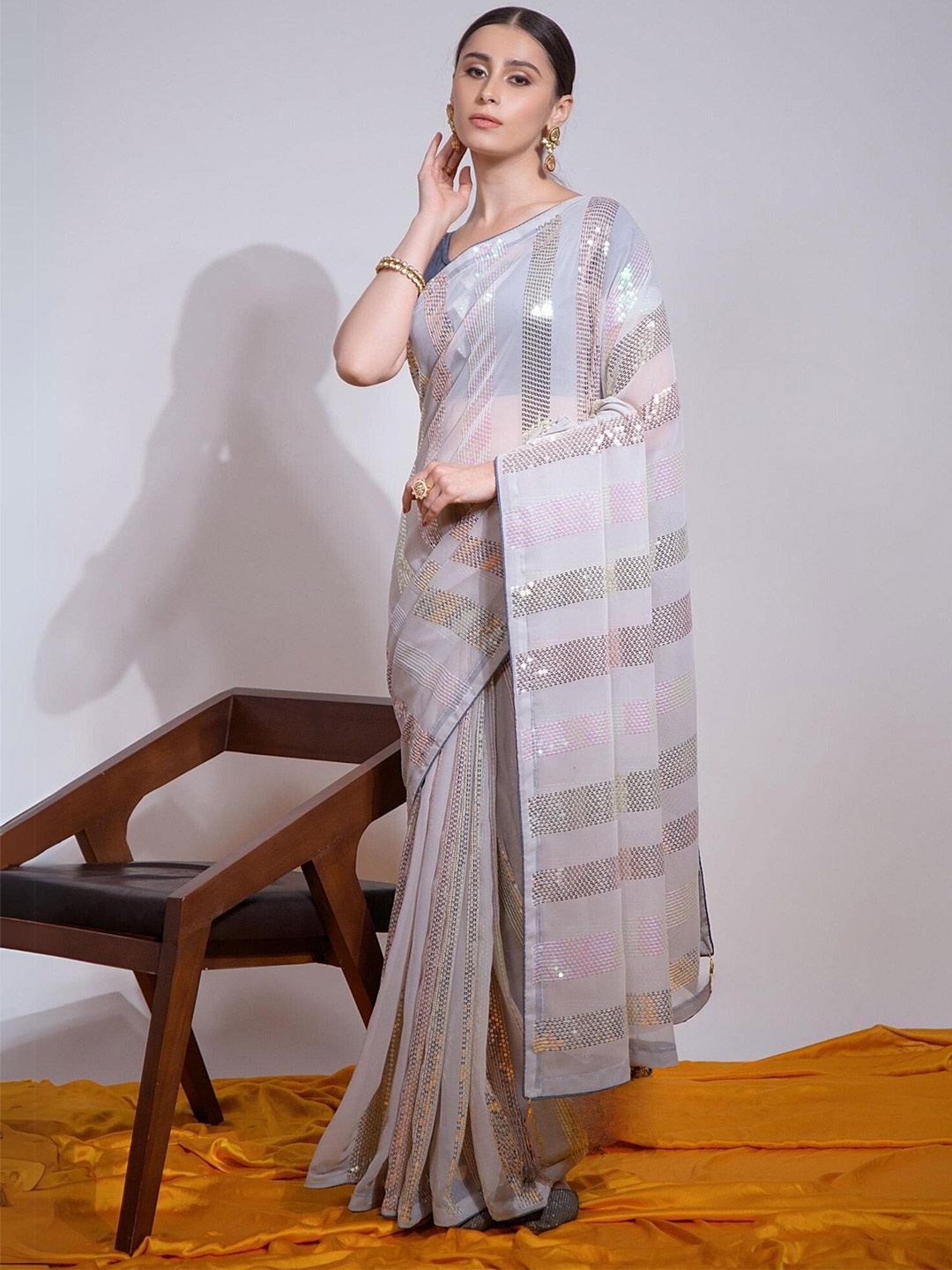 

THE52 Sequinned Embellished Georgette Saree, Grey