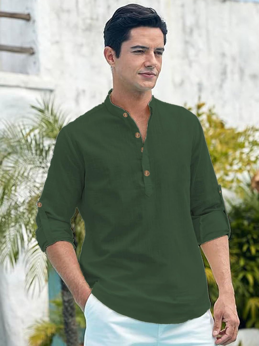 

EdinWolf Men India Slim Fit Mandarin Collar Solid Cotton Casual Shirt, Green