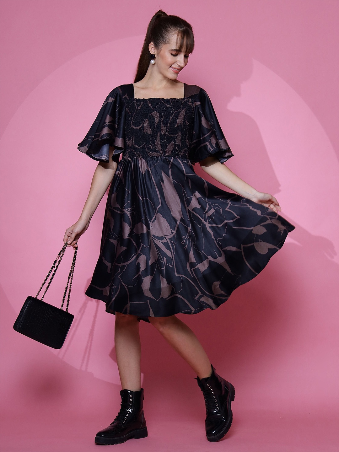 

De La Moda Women Floral Print Satin Fit & Flare Dress, Black