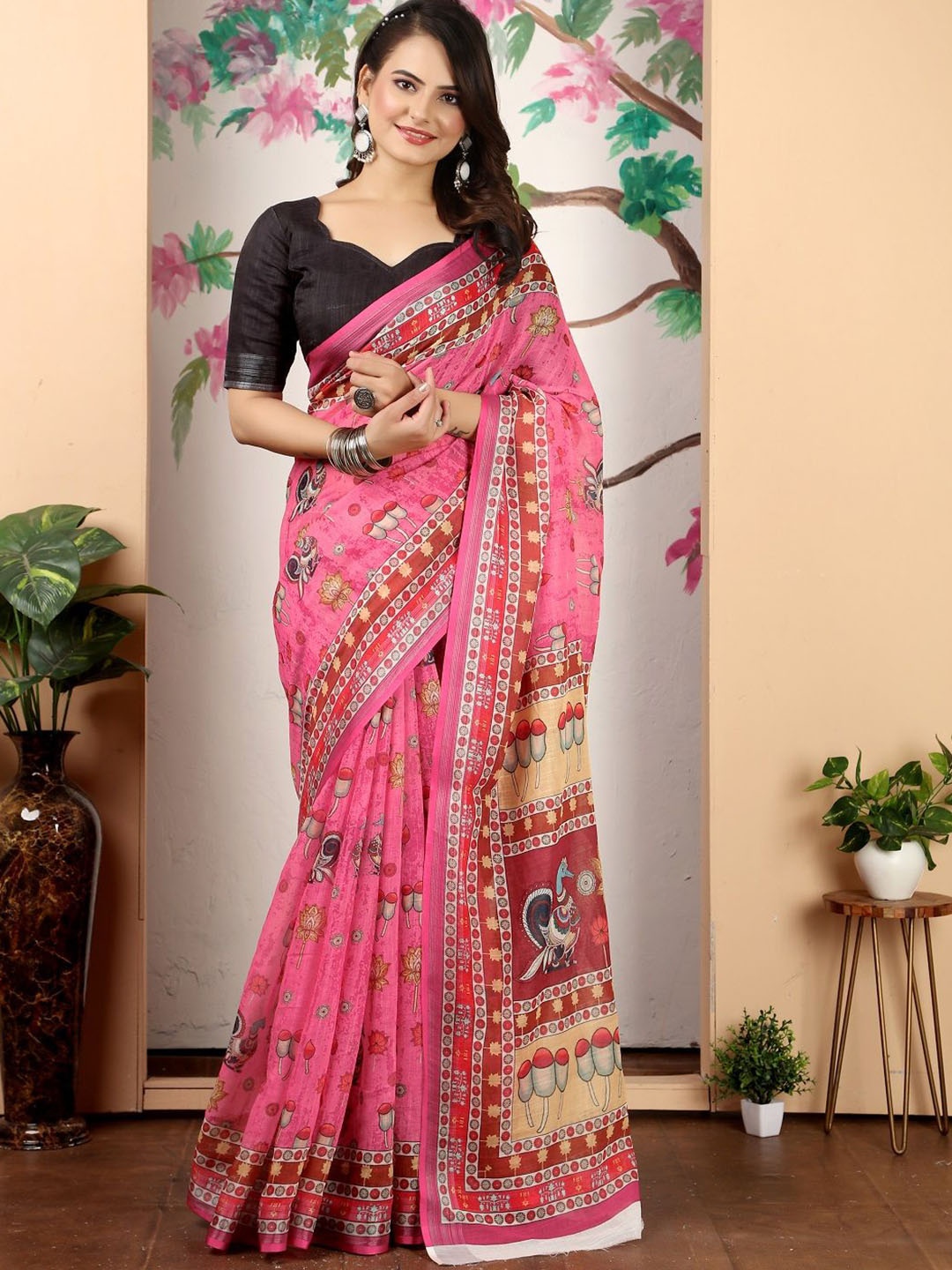 

Nimidiya Floral Printed Pure Cotton Saree, Pink