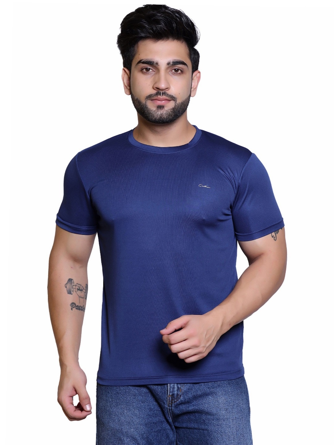 

GREATMAN Men Solid Round Neck Slim Fit T-shirt, Navy blue