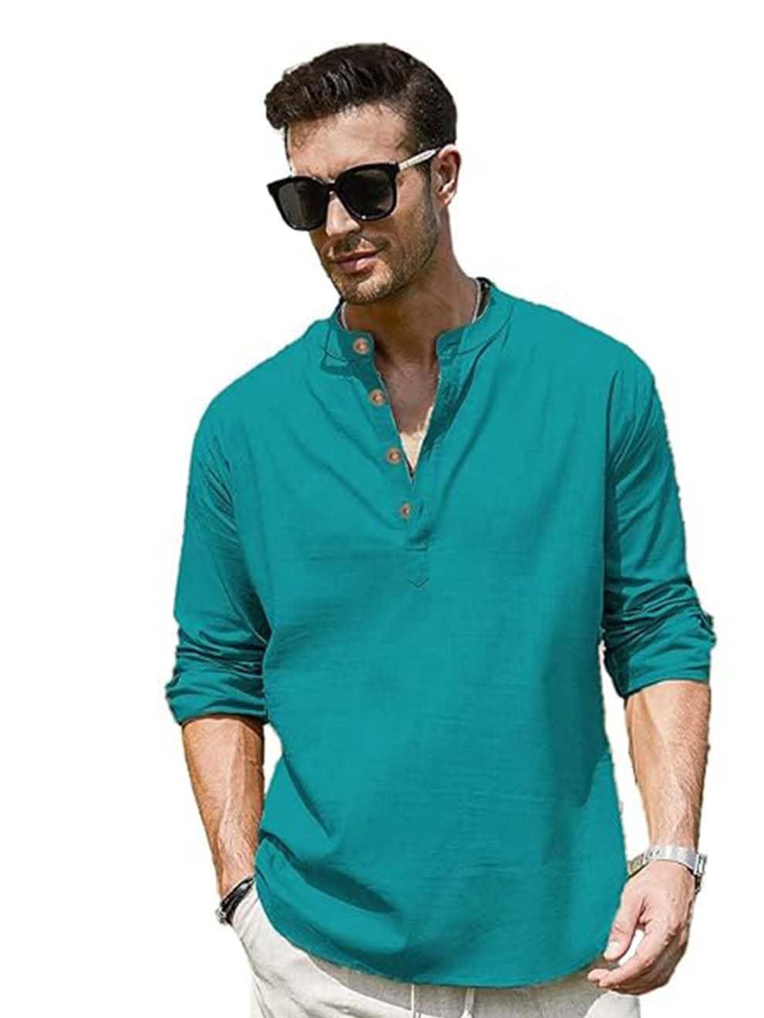 

EdinWolf Men India Slim Fit Band Collar Solid Cotton Casual Shirt, Teal