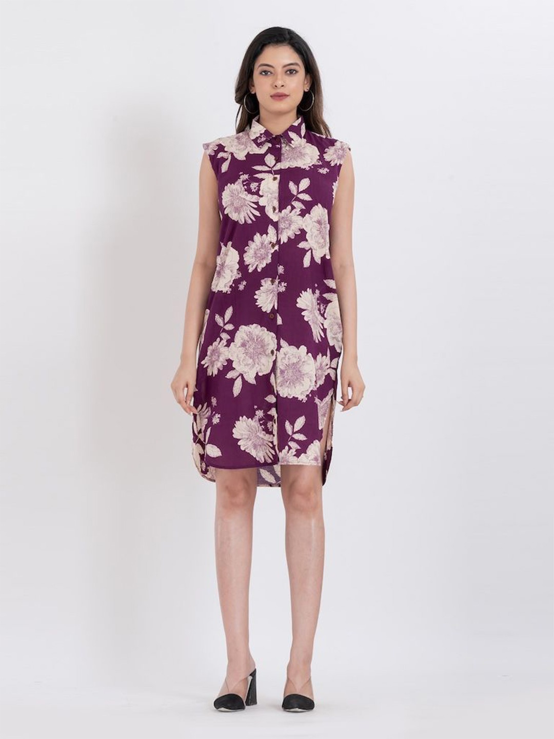 

Kartikeya Jaipur Women Floral Print Cotton Shirt Dress, Purple
