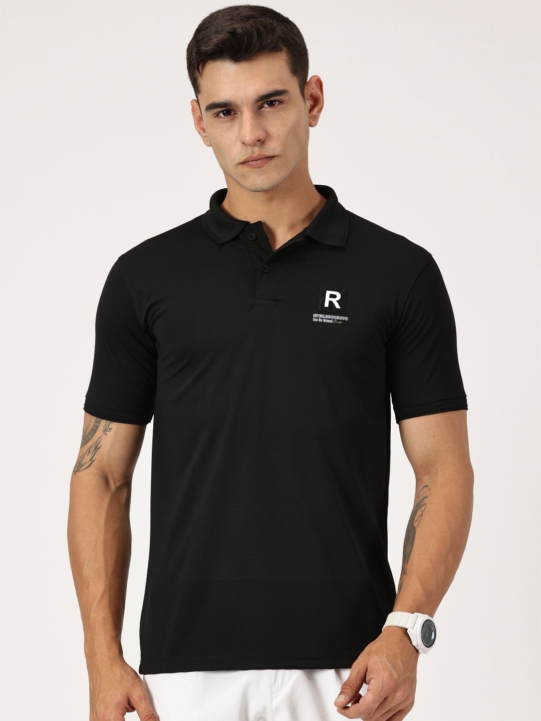 

RAVINIK Men Typography Printed Polo Collar Cotton T-shirt, Black
