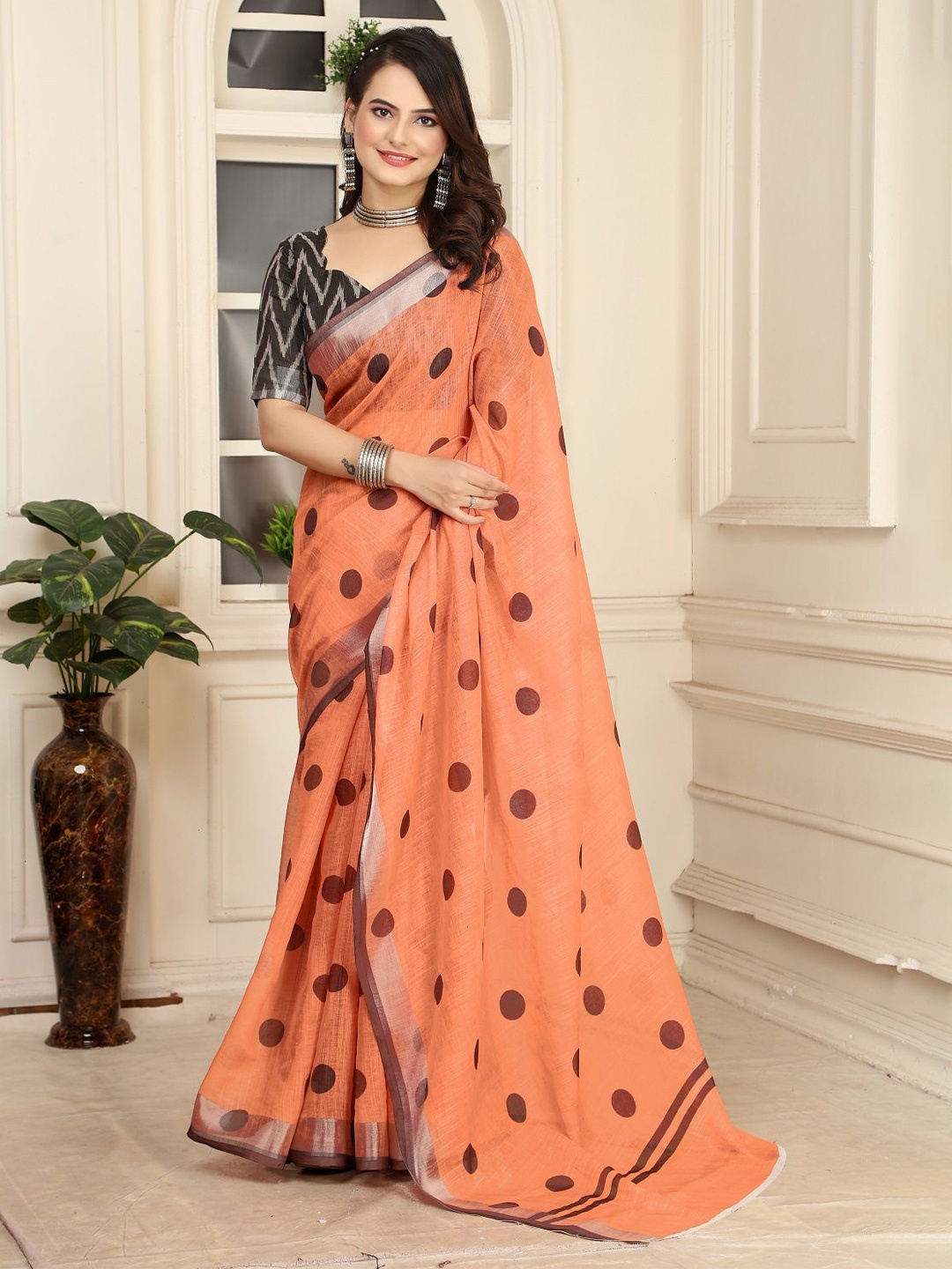 

Nimidiya Polka Dot Printed Zari Pure Cotton Saree, Peach