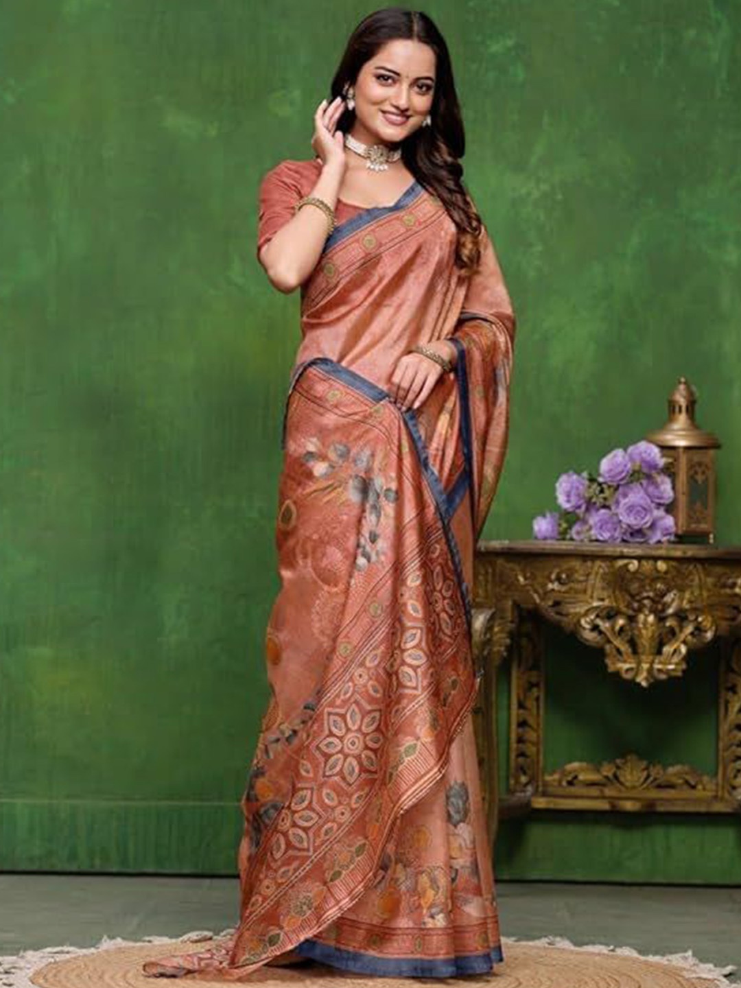 

BW X BUTTERFLY Floral Printed Pure Silk Saree, Peach