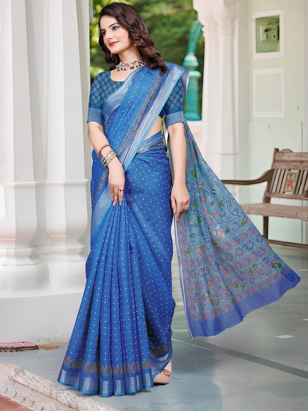 

Nimidiya Bandhani Printed Pure Cotton Saree, Blue