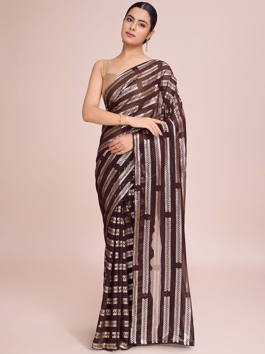 

THE52 Striped Embellished Sequinned Saree With Blouse Piece, Brown