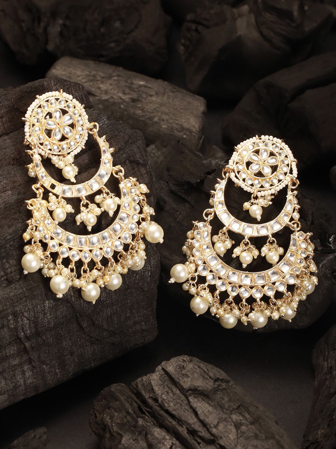 

House of Pataudi Gold-Platred Kundan Studded And Beaded Crescent Shaped Chandbalis