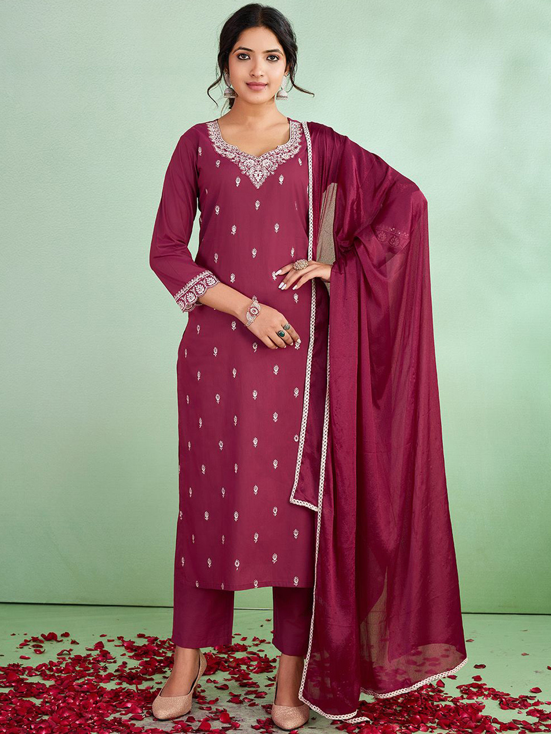 

SUAAC Floral Embroidered Sequinned Straight Kurta With Trousers And Dupatta, Pink