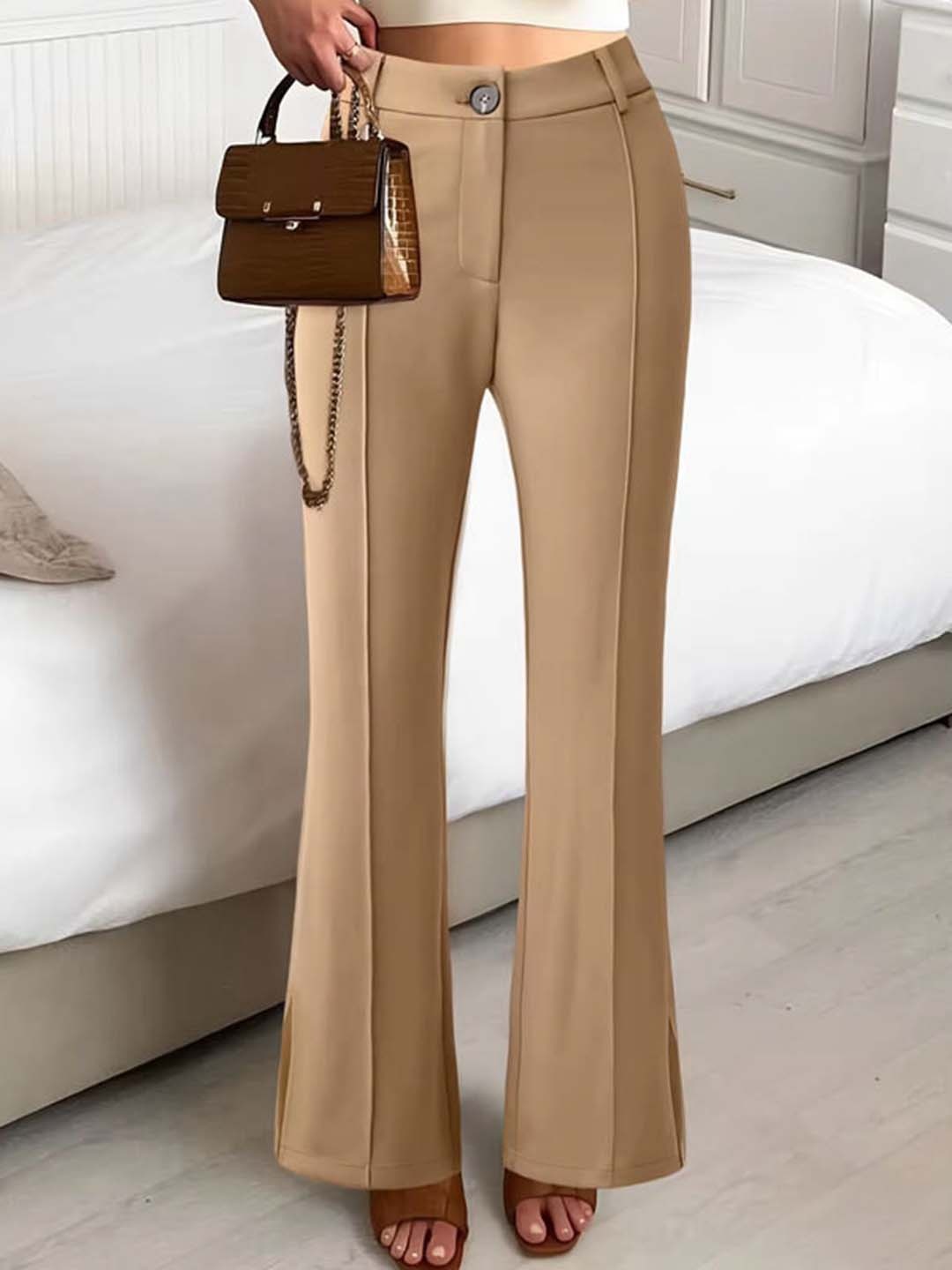 

her by invictus Women High-Rise Regular Fit Bootcut Trousers, Khaki