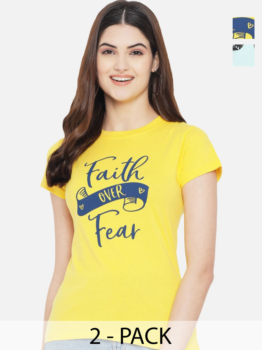 

Tromko Women Pack of 2 Typography Printed Round Neck Cotton Regular Fit T-shirts, Yellow