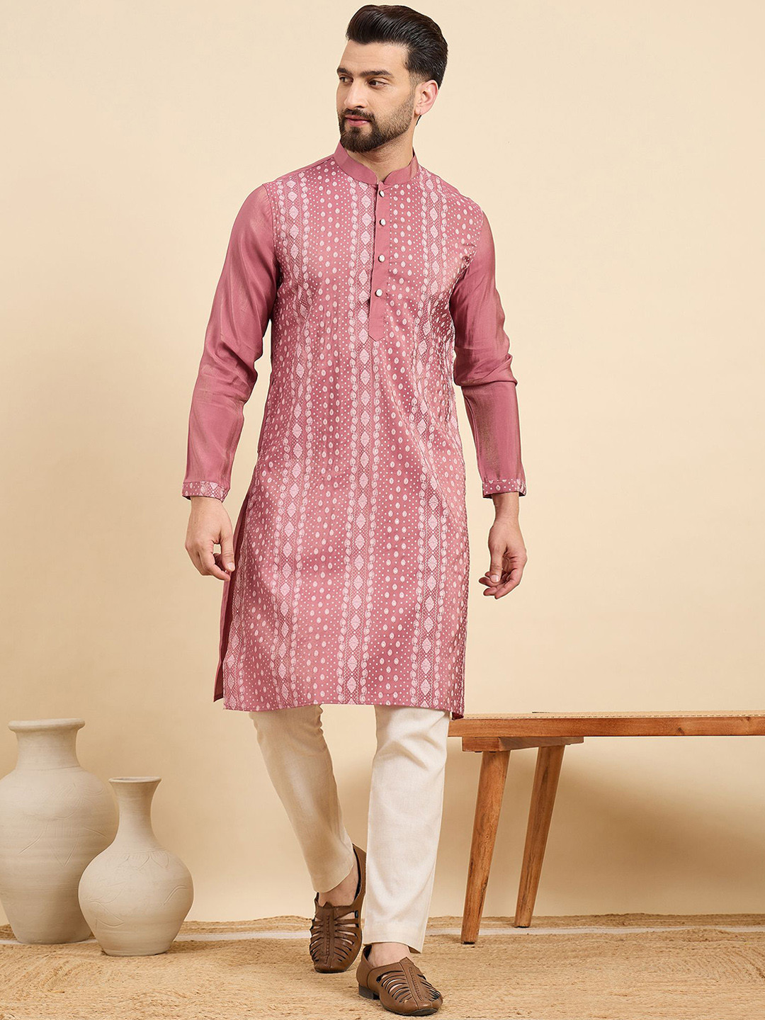 

House of Pataudi Floral Printed Mandarin Collar Straight Kurta, Pink