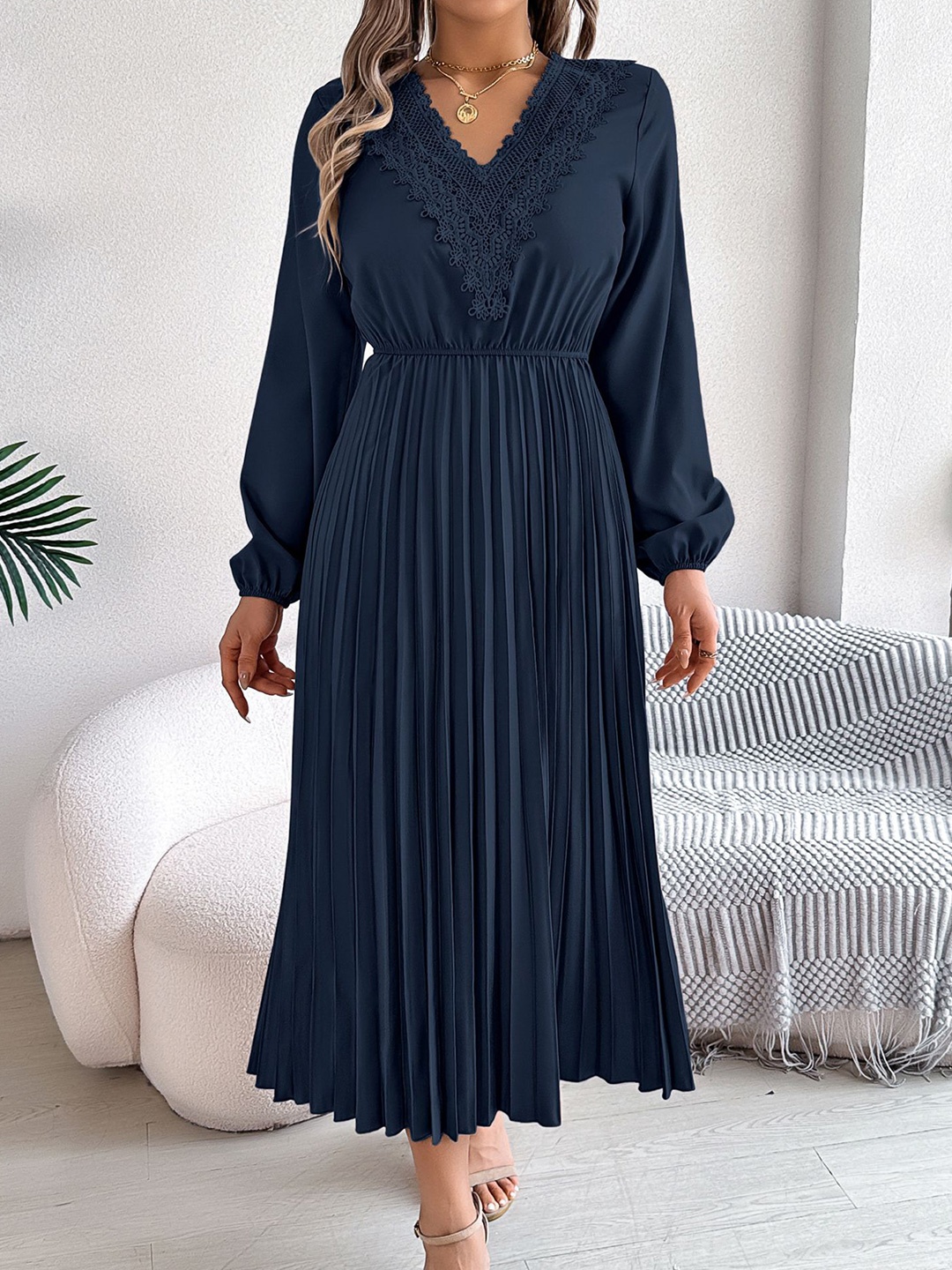 

StyleCast x Revolte V-Neck Bishop Sleeves Accordion Pleats Fit and Flare Midi Dress, Navy blue