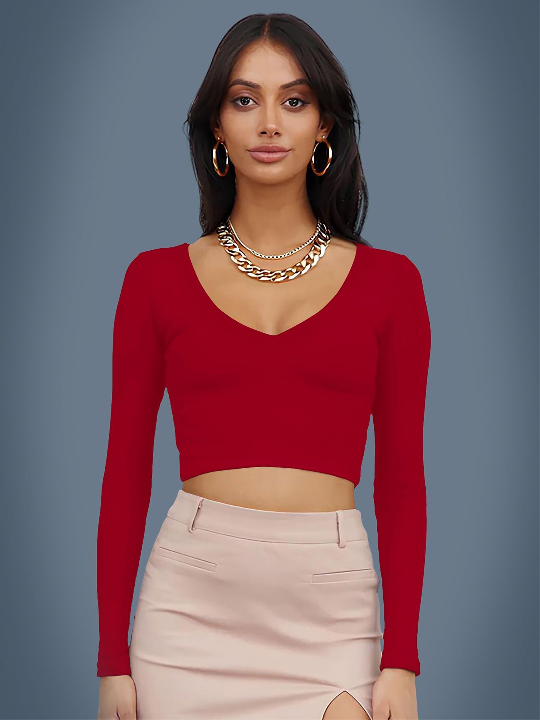 

Dream Beauty Fashion Women V-Neck Fitted Crop Top, Red