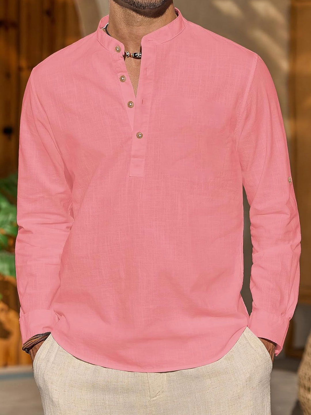 

EdinWolf Men India Slim Fit Band Collar Solid Cotton Casual Shirt, Peach